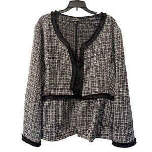 Suzanne Betro Tweed Open-Front Jacket Black & White Sz  2X Polyester blazer